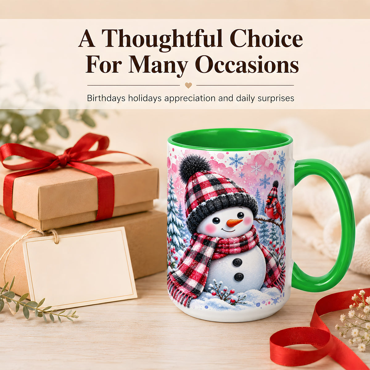 #pl[15oz|Green] Snowman Cardinal Coffee Mug, Buffalo Plaid Winter Mug, Ceramic Cup