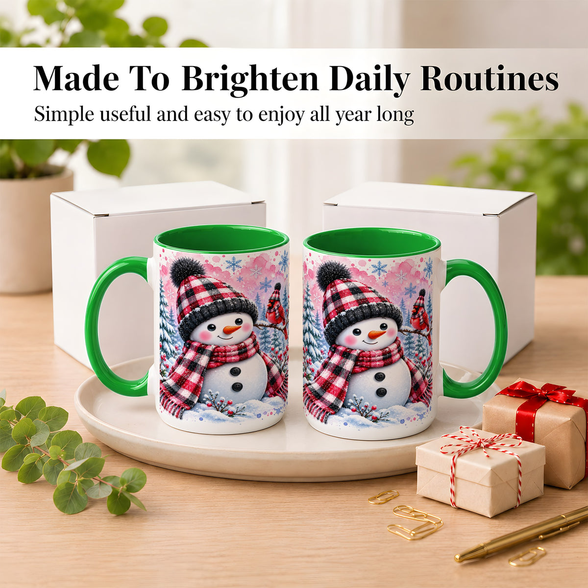 #pl[15oz|Green] Snowman Cardinal Coffee Mug, Buffalo Plaid Winter Mug, Ceramic Cup