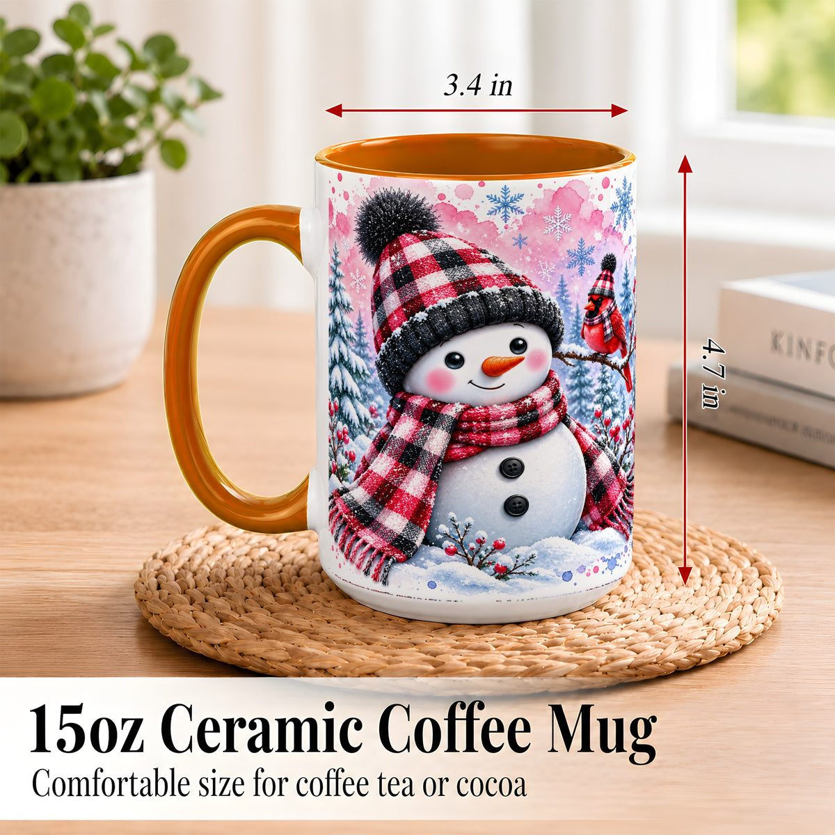 #pl[15oz|Orange] Snowman Cardinal Coffee Mug, Buffalo Plaid Winter Mug, Ceramic Cup