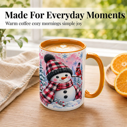 #pl[15oz|Orange] Snowman Cardinal Coffee Mug, Buffalo Plaid Winter Mug, Ceramic Cup