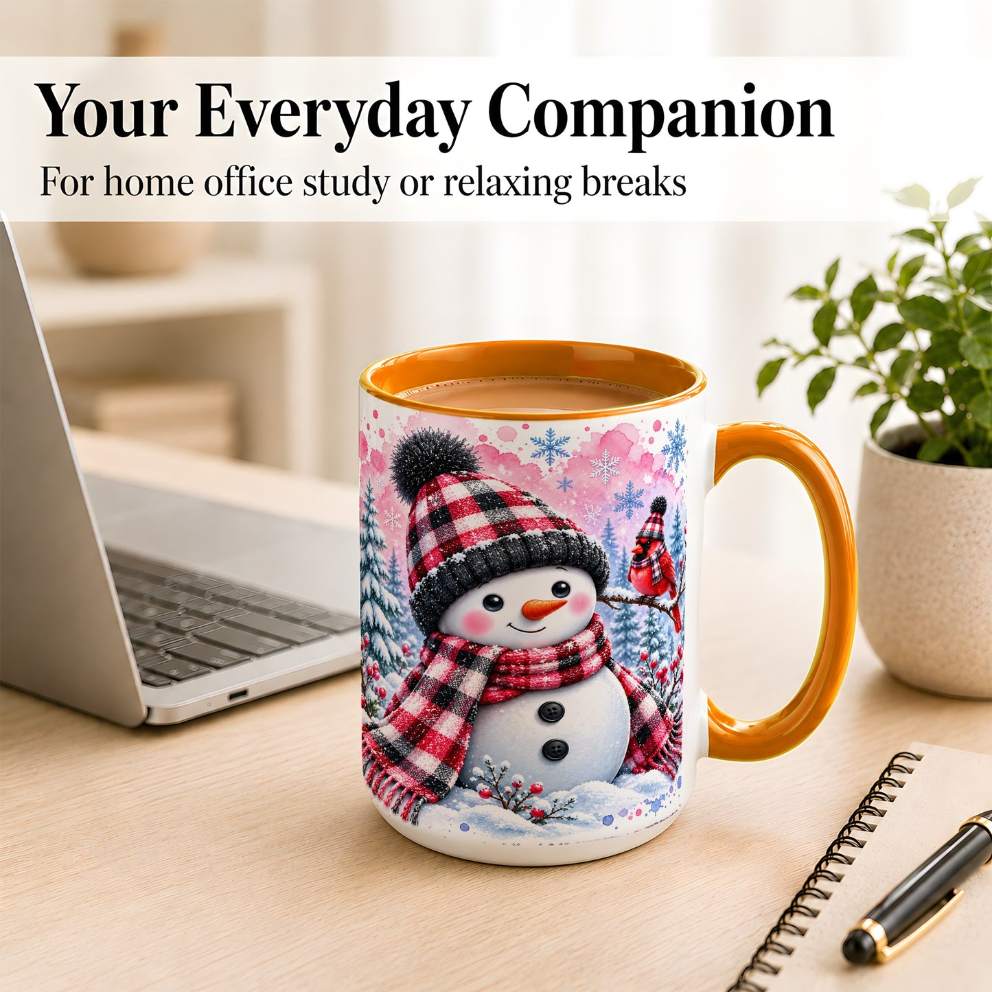 #pl[15oz|Orange] Snowman Cardinal Coffee Mug, Buffalo Plaid Winter Mug, Ceramic Cup
