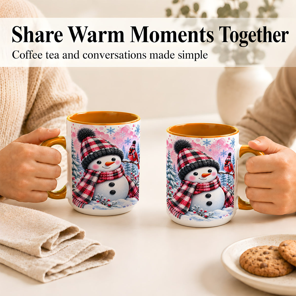 #pl[15oz|Orange] Snowman Cardinal Coffee Mug, Buffalo Plaid Winter Mug, Ceramic Cup