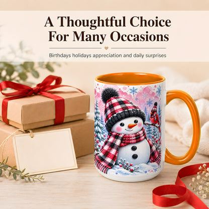 #pl[15oz|Orange] Snowman Cardinal Coffee Mug, Buffalo Plaid Winter Mug, Ceramic Cup