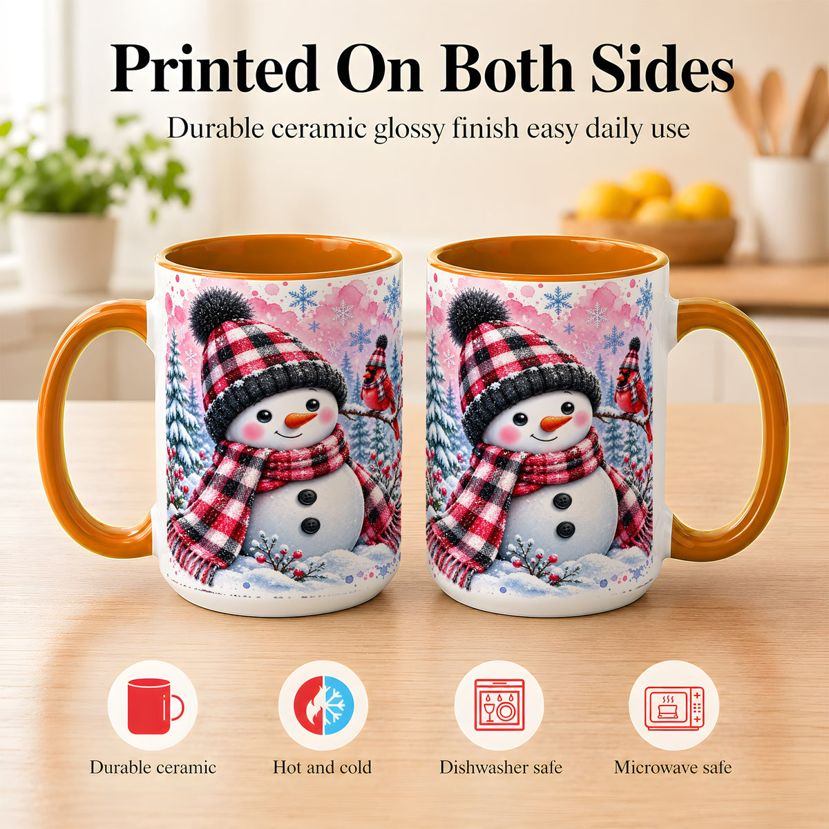 #pl[15oz|Orange] Snowman Cardinal Coffee Mug, Buffalo Plaid Winter Mug, Ceramic Cup