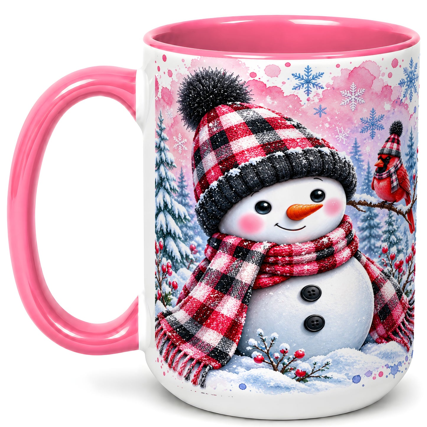 #pl[15oz|Pink] Snowman Cardinal Coffee Mug, Buffalo Plaid Winter Mug, Ceramic Cup