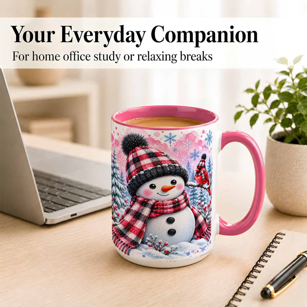 #pl[15oz|Pink] Snowman Cardinal Coffee Mug, Buffalo Plaid Winter Mug, Ceramic Cup