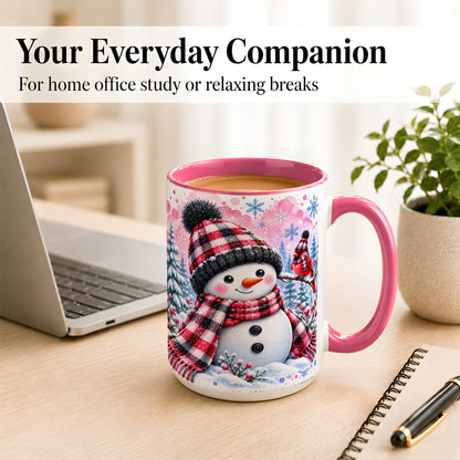 #pl[15oz|Pink] Snowman Cardinal Coffee Mug, Buffalo Plaid Winter Mug, Ceramic Cup