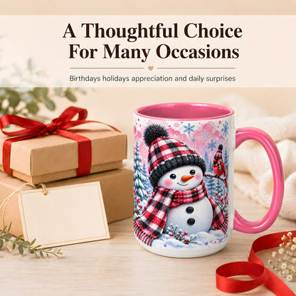 #pl[15oz|Pink] Snowman Cardinal Coffee Mug, Buffalo Plaid Winter Mug, Ceramic Cup