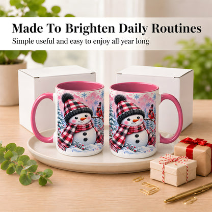 #pl[15oz|Pink] Snowman Cardinal Coffee Mug, Buffalo Plaid Winter Mug, Ceramic Cup
