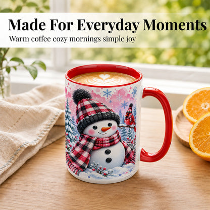#pl[15oz|Red] Snowman Cardinal Coffee Mug, Buffalo Plaid Winter Mug, Ceramic Cup