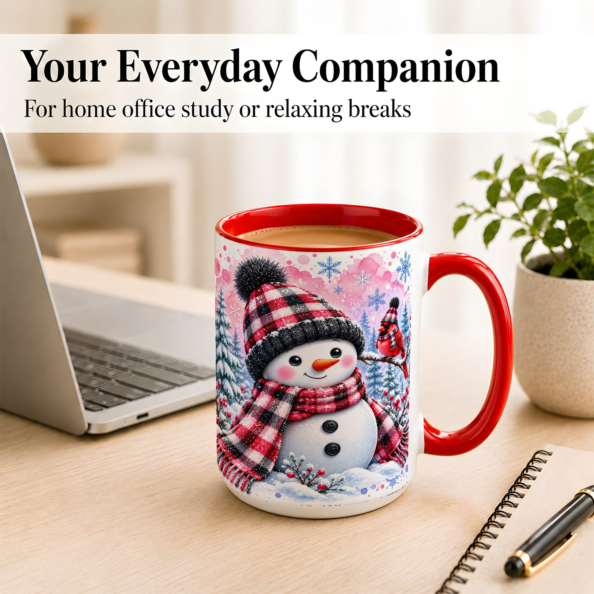 #pl[15oz|Red] Snowman Cardinal Coffee Mug, Buffalo Plaid Winter Mug, Ceramic Cup