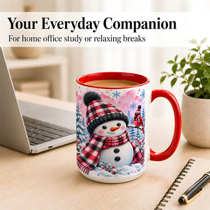 #pl[15oz|Red] Snowman Cardinal Coffee Mug, Buffalo Plaid Winter Mug, Ceramic Cup