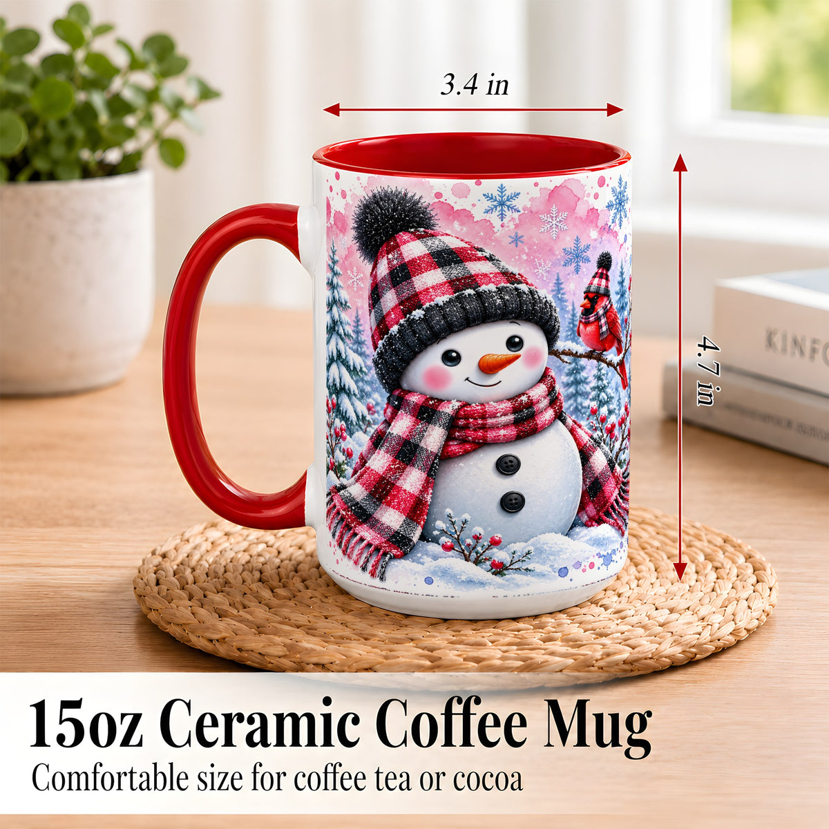 #pl[15oz|Red] Snowman Cardinal Coffee Mug, Buffalo Plaid Winter Mug, Ceramic Cup