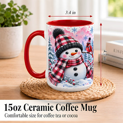 #pl[15oz|Red] Snowman Cardinal Coffee Mug, Buffalo Plaid Winter Mug, Ceramic Cup
