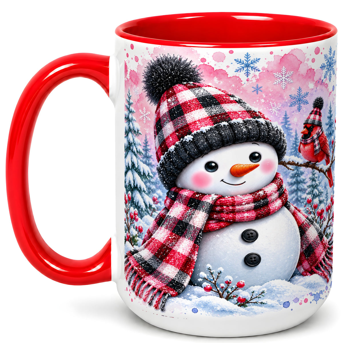 #pl[15oz|Red] Snowman Cardinal Coffee Mug, Buffalo Plaid Winter Mug, Ceramic Cup