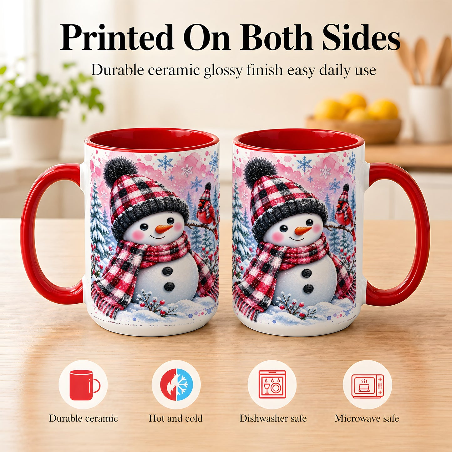 #pl[15oz|Red] Snowman Cardinal Coffee Mug, Buffalo Plaid Winter Mug, Ceramic Cup