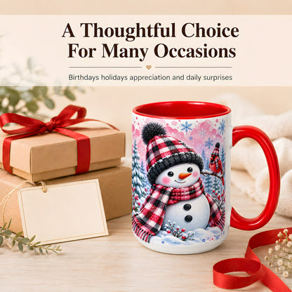 #pl[15oz|Red] Snowman Cardinal Coffee Mug, Buffalo Plaid Winter Mug, Ceramic Cup