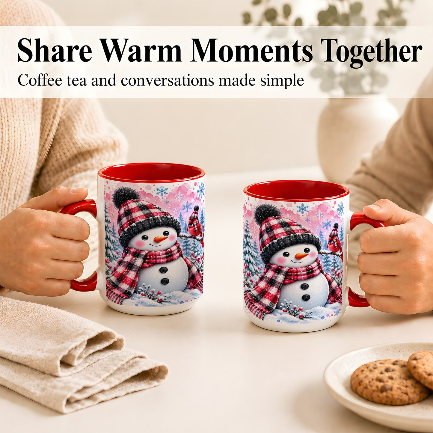 #pl[15oz|Red] Snowman Cardinal Coffee Mug, Buffalo Plaid Winter Mug, Ceramic Cup