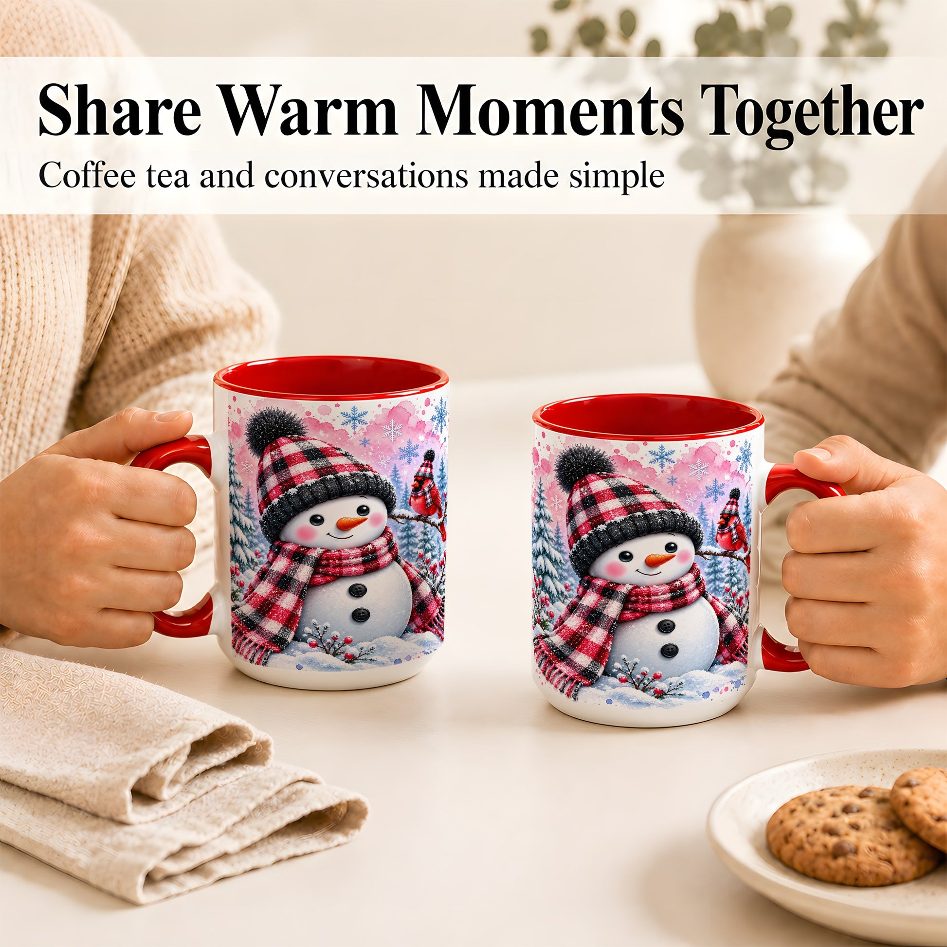 #pl[15oz|Red] Snowman Cardinal Coffee Mug, Buffalo Plaid Winter Mug, Ceramic Cup