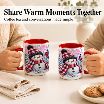 #pl[15oz|Red] Snowman Cardinal Coffee Mug, Buffalo Plaid Winter Mug, Ceramic Cup