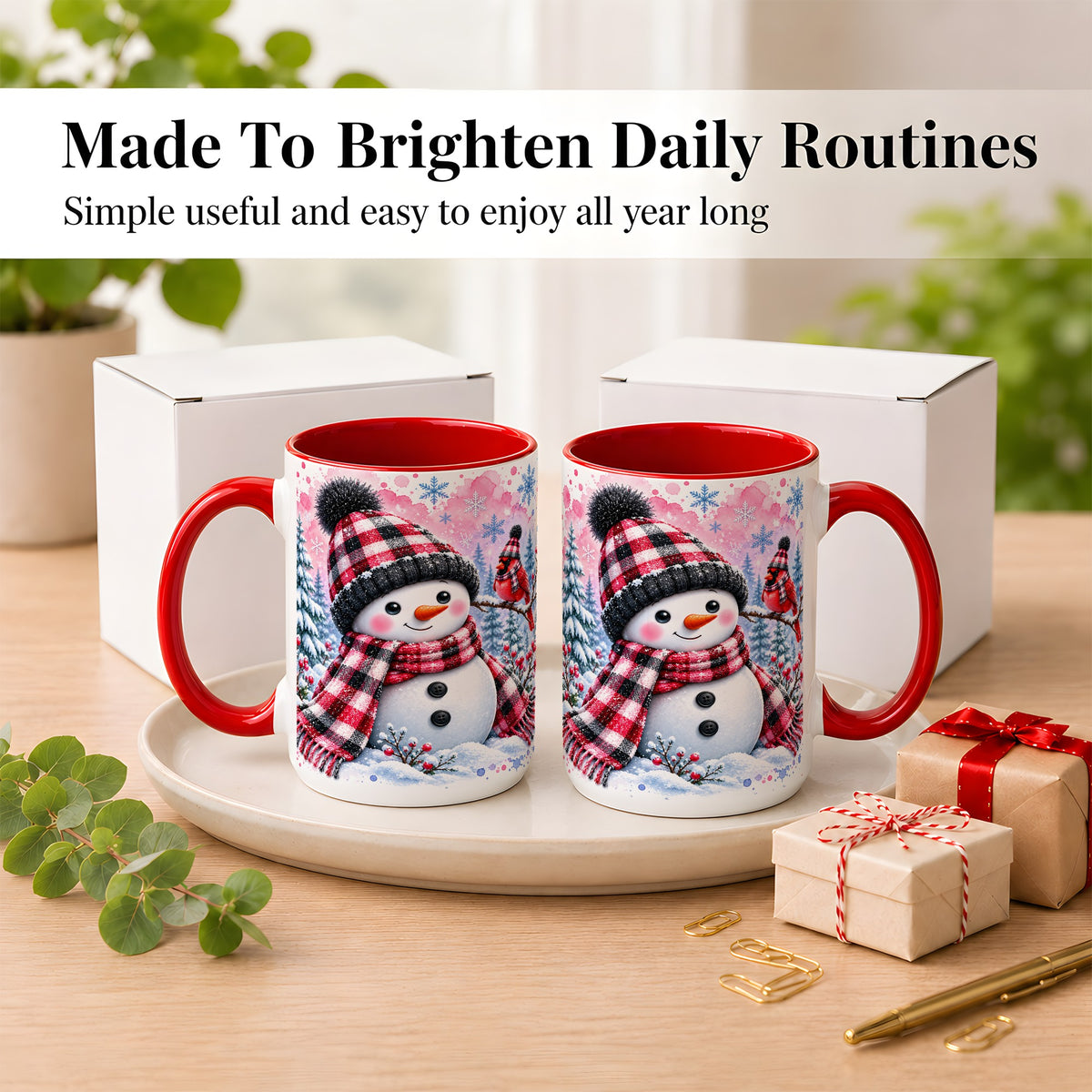 #pl[15oz|Red] Snowman Cardinal Coffee Mug, Buffalo Plaid Winter Mug, Ceramic Cup