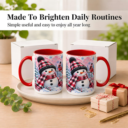 #pl[15oz|Red] Snowman Cardinal Coffee Mug, Buffalo Plaid Winter Mug, Ceramic Cup