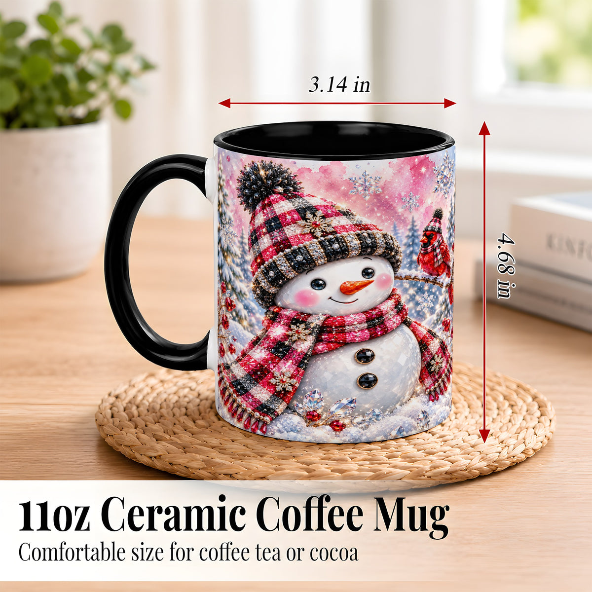 #pl[11oz|Black] Jeweled Snowman Coffee Mug, Cardinal Plaid Winter Mug, Ceramic Cup