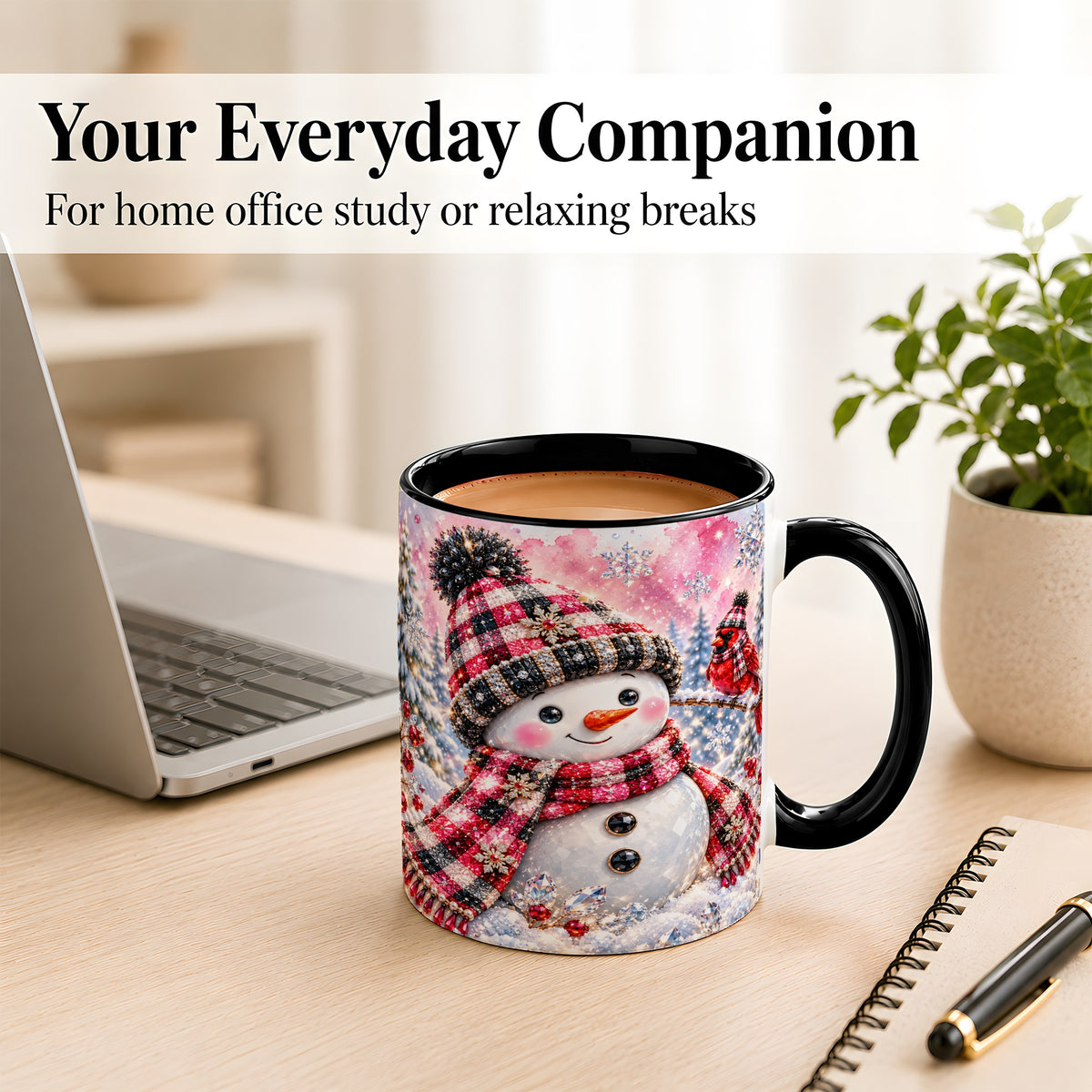 #pl[11oz|Black] Jeweled Snowman Coffee Mug, Cardinal Plaid Winter Mug, Ceramic Cup