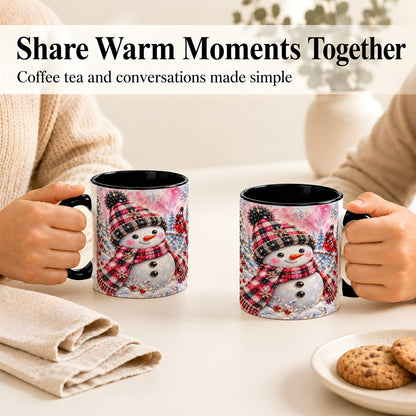 #pl[11oz|Black] Jeweled Snowman Coffee Mug, Cardinal Plaid Winter Mug, Ceramic Cup
