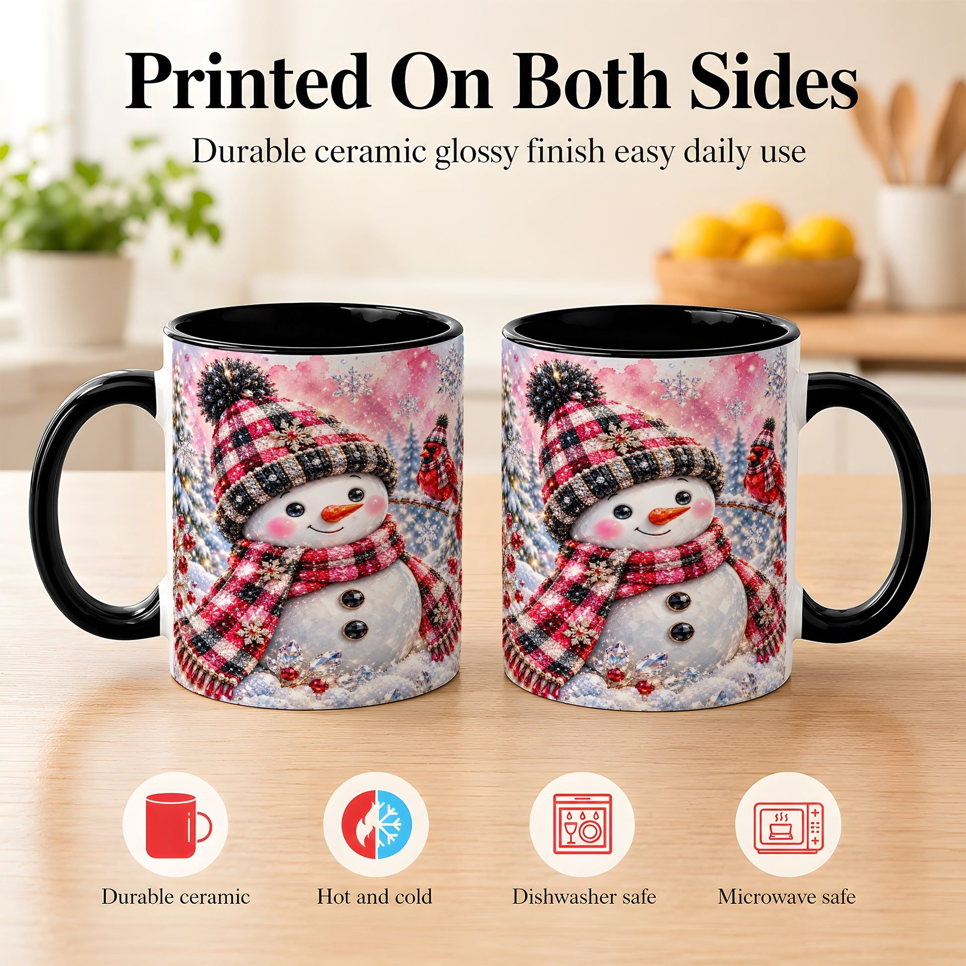 #pl[11oz|Black] Jeweled Snowman Coffee Mug, Cardinal Plaid Winter Mug, Ceramic Cup