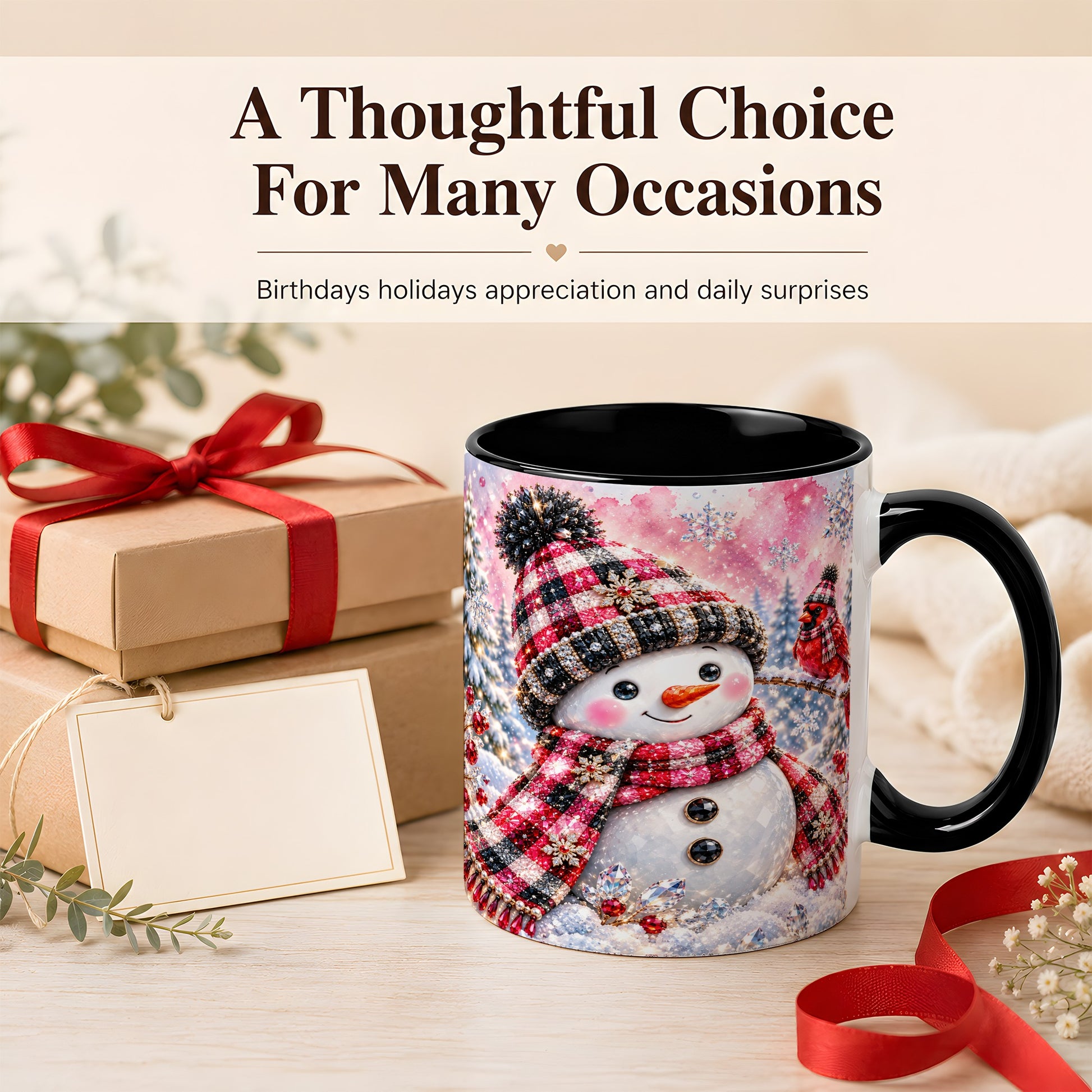 #pl[11oz|Black] Jeweled Snowman Coffee Mug, Cardinal Plaid Winter Mug, Ceramic Cup
