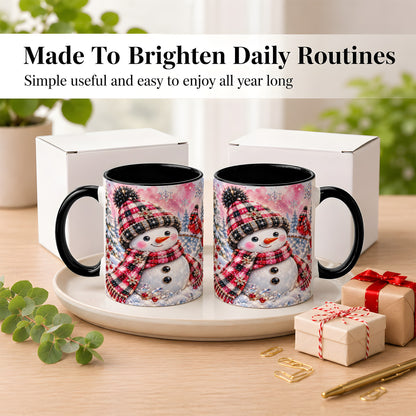 #pl[11oz|Black] Jeweled Snowman Coffee Mug, Cardinal Plaid Winter Mug, Ceramic Cup
