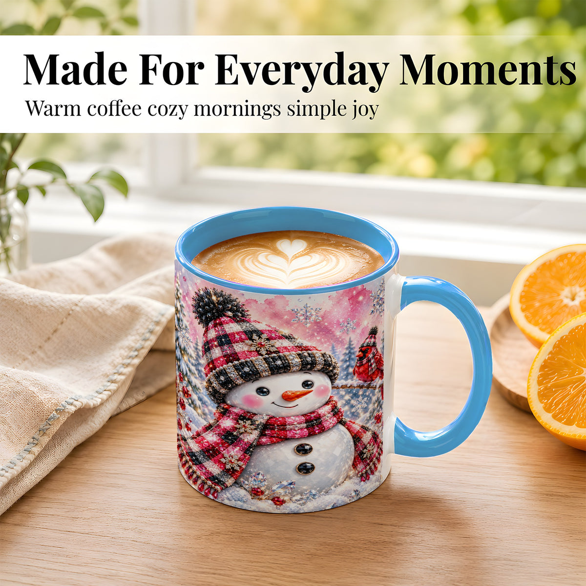 #pl[11oz|Blue] Jeweled Snowman Coffee Mug, Cardinal Plaid Winter Mug, Ceramic Cup