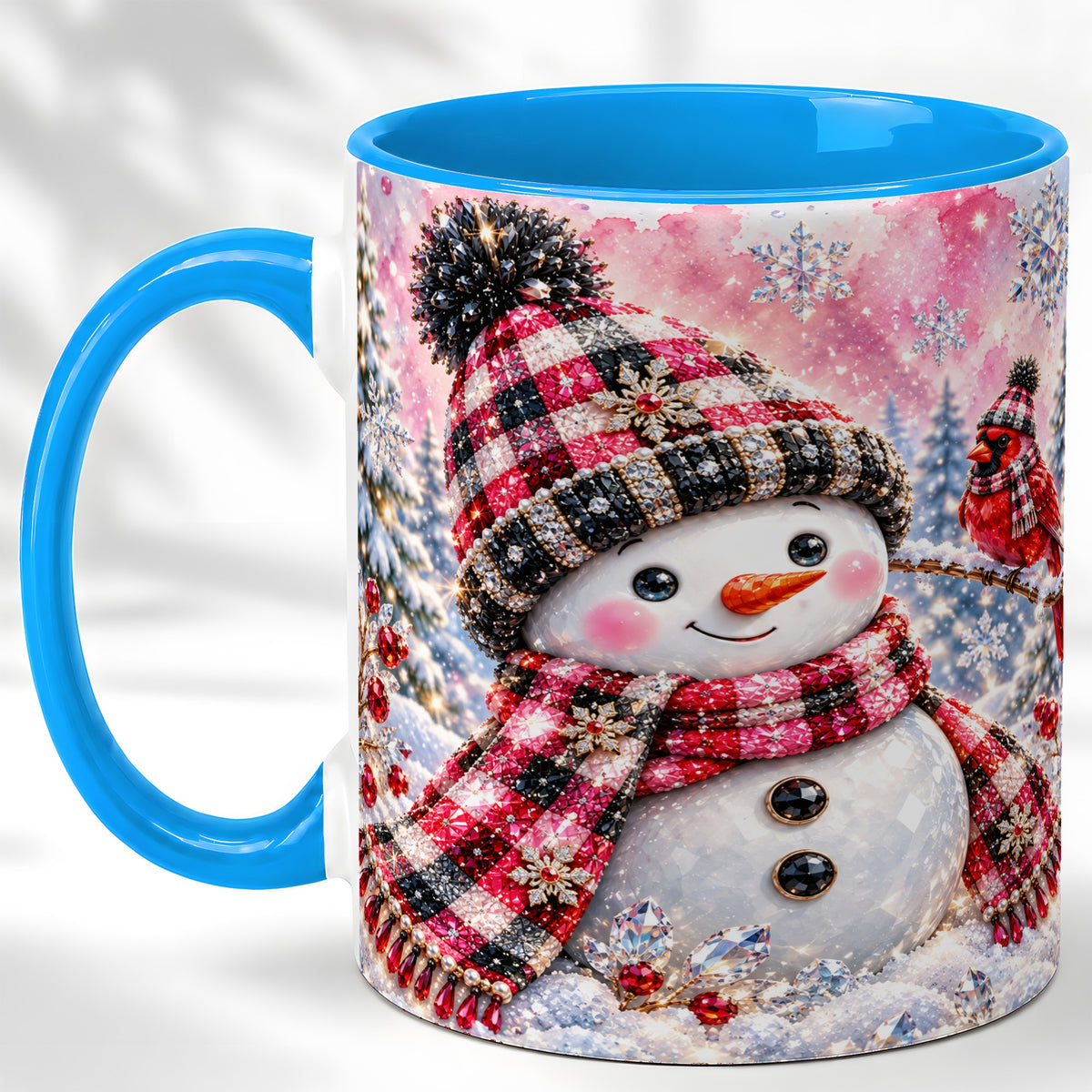 #pl[11oz|Blue] Jeweled Snowman Coffee Mug, Cardinal Plaid Winter Mug, Ceramic Cup