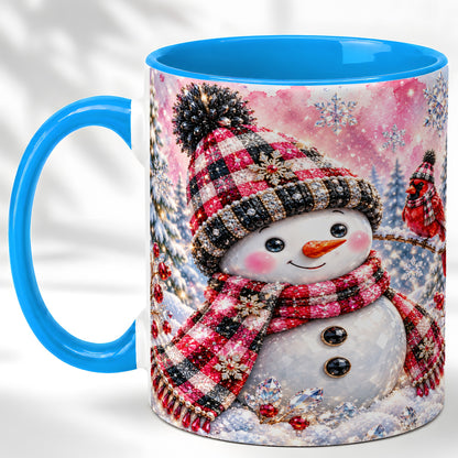#pl[11oz|Blue] Jeweled Snowman Coffee Mug, Cardinal Plaid Winter Mug, Ceramic Cup