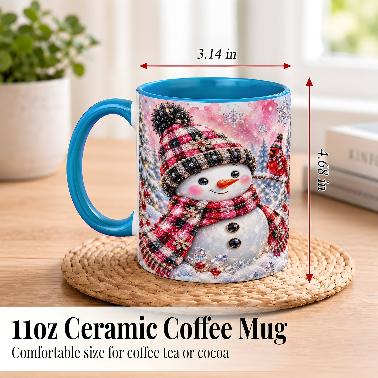 #pl[11oz|Blue] Jeweled Snowman Coffee Mug, Cardinal Plaid Winter Mug, Ceramic Cup