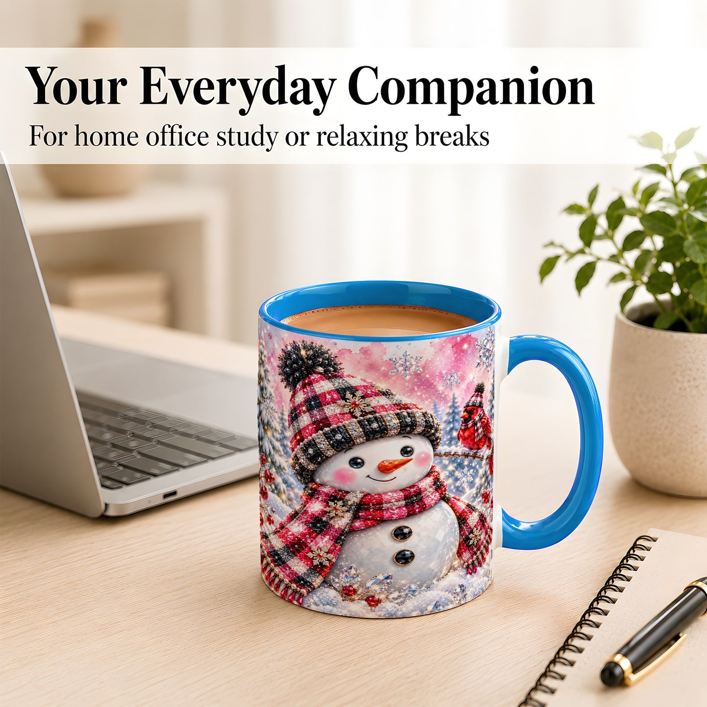 #pl[11oz|Blue] Jeweled Snowman Coffee Mug, Cardinal Plaid Winter Mug, Ceramic Cup