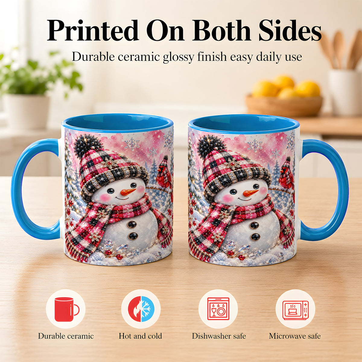 #pl[11oz|Blue] Jeweled Snowman Coffee Mug, Cardinal Plaid Winter Mug, Ceramic Cup