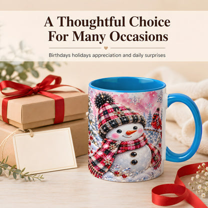 #pl[11oz|Blue] Jeweled Snowman Coffee Mug, Cardinal Plaid Winter Mug, Ceramic Cup