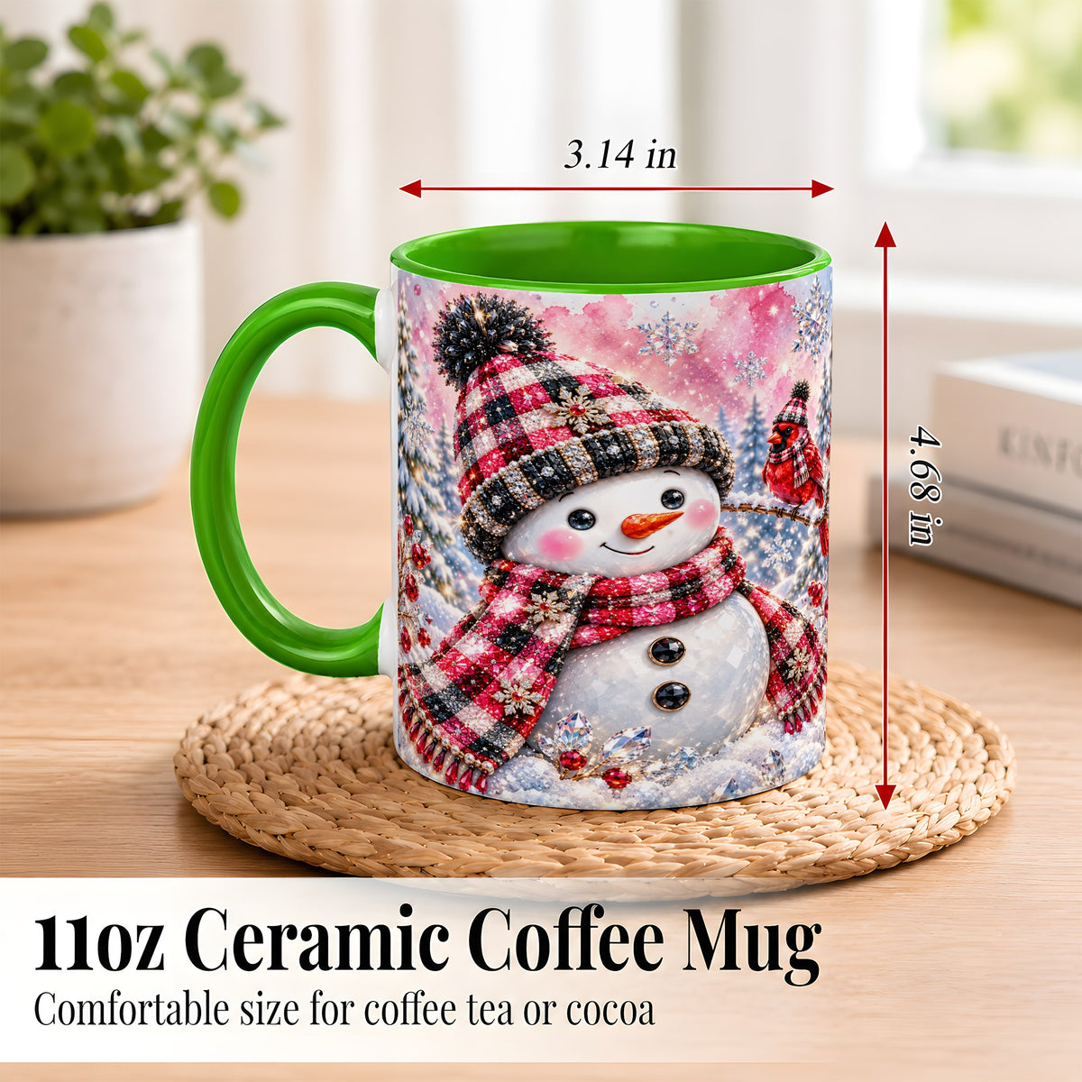 #pl[11oz|Green] Jeweled Snowman Coffee Mug, Cardinal Plaid Winter Mug, Ceramic Cup