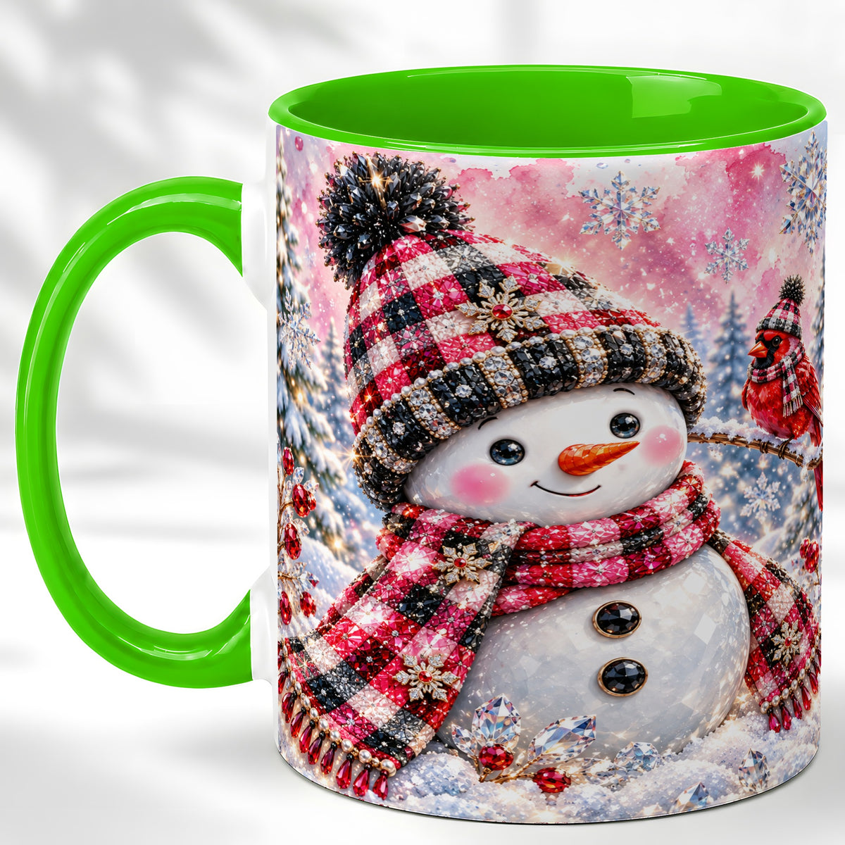 #pl[11oz|Green] Jeweled Snowman Coffee Mug, Cardinal Plaid Winter Mug, Ceramic Cup