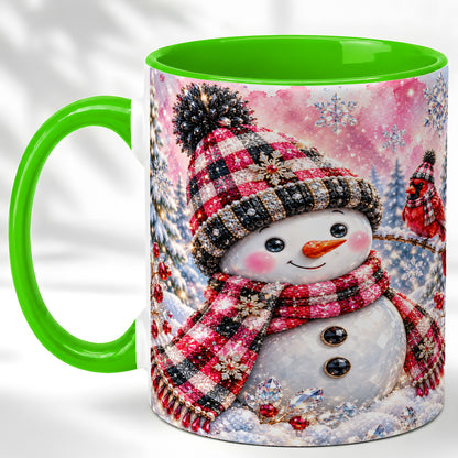 #pl[11oz|Green] Jeweled Snowman Coffee Mug, Cardinal Plaid Winter Mug, Ceramic Cup