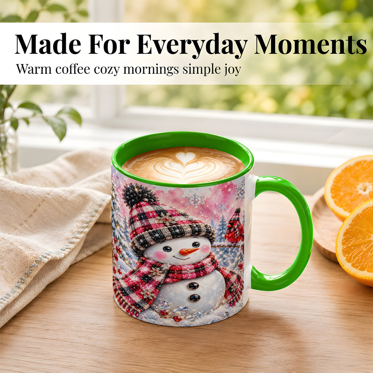 #pl[11oz|Green] Jeweled Snowman Coffee Mug, Cardinal Plaid Winter Mug, Ceramic Cup