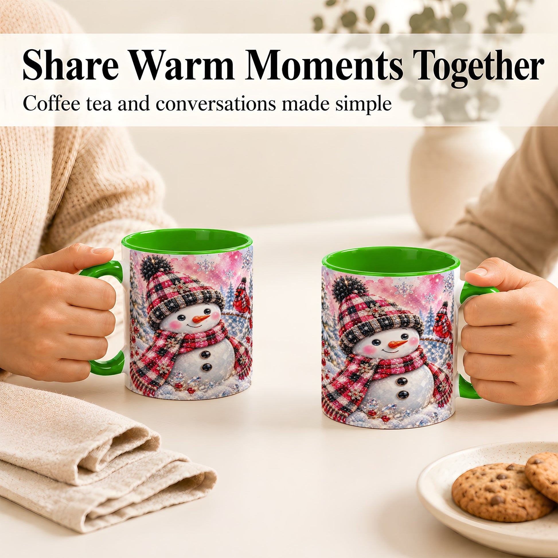 #pl[11oz|Green] Jeweled Snowman Coffee Mug, Cardinal Plaid Winter Mug, Ceramic Cup