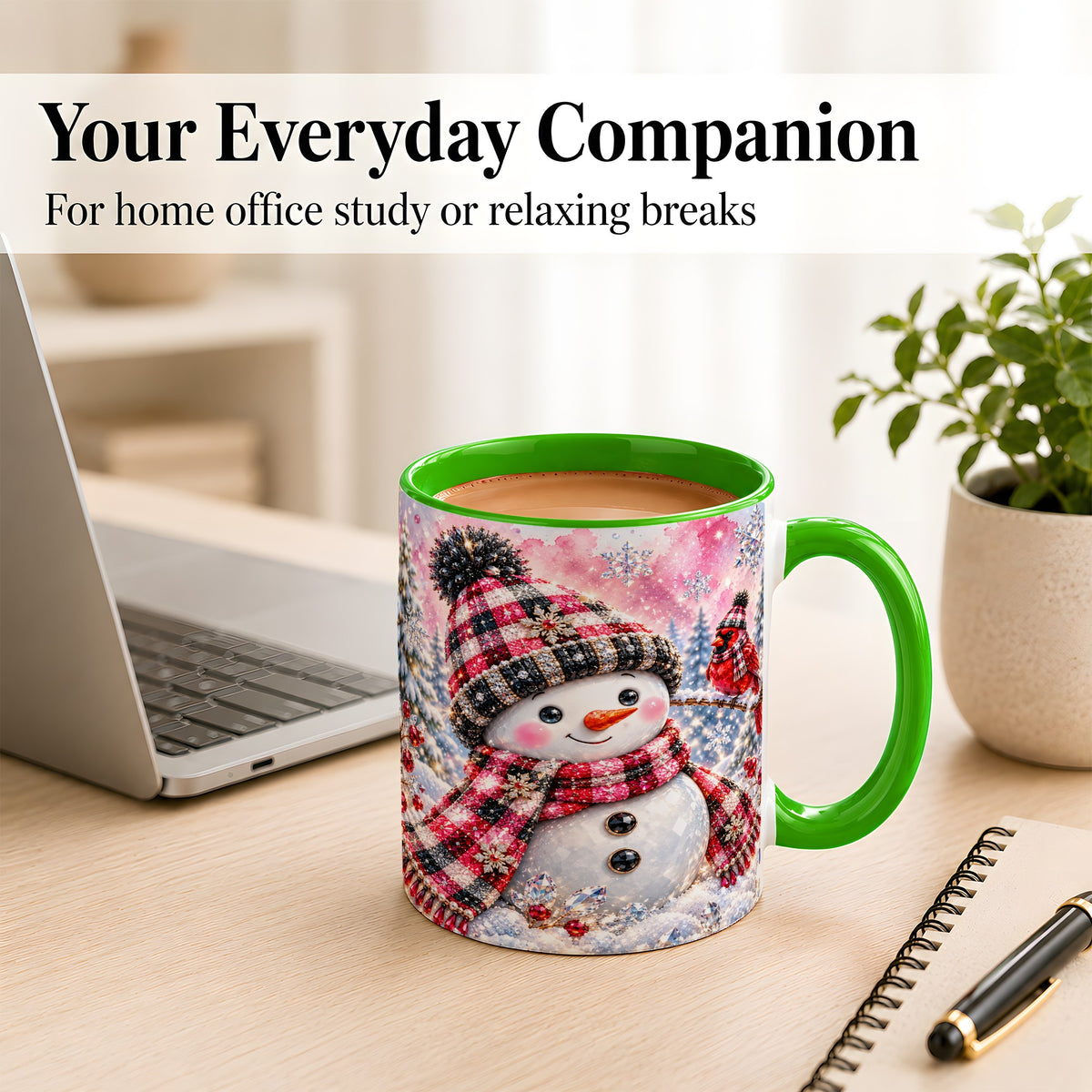 #pl[11oz|Green] Jeweled Snowman Coffee Mug, Cardinal Plaid Winter Mug, Ceramic Cup