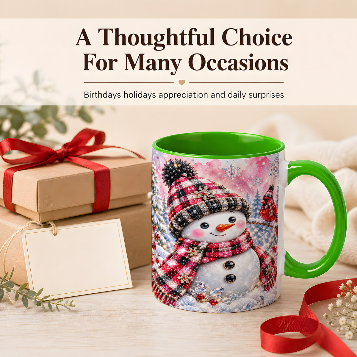 #pl[11oz|Green] Jeweled Snowman Coffee Mug, Cardinal Plaid Winter Mug, Ceramic Cup
