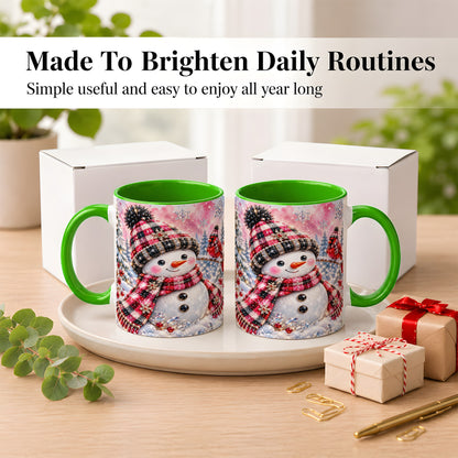 #pl[11oz|Green] Jeweled Snowman Coffee Mug, Cardinal Plaid Winter Mug, Ceramic Cup
