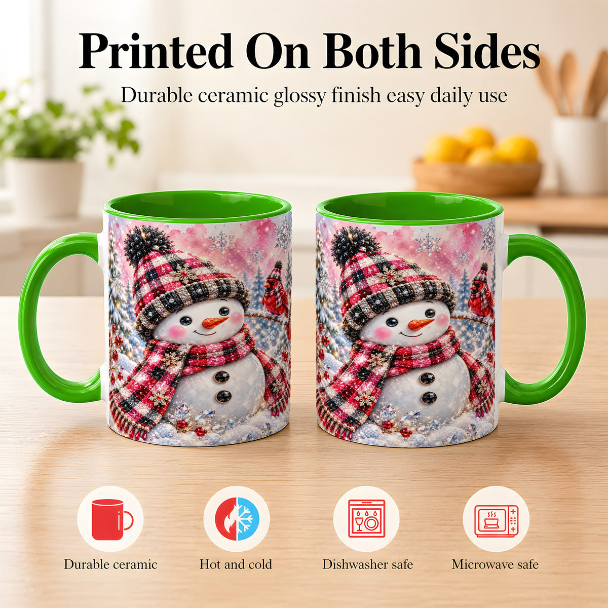 #pl[11oz|Green] Jeweled Snowman Coffee Mug, Cardinal Plaid Winter Mug, Ceramic Cup