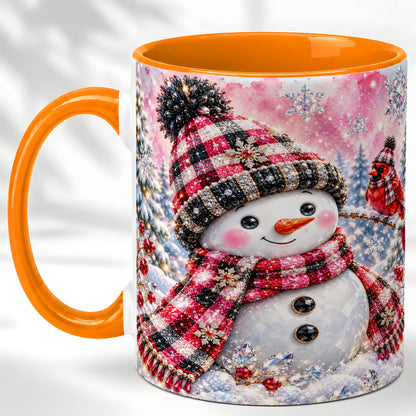 #pl[11oz|Orange] Jeweled Snowman Coffee Mug, Cardinal Plaid Winter Mug, Ceramic Cup