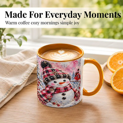 #pl[11oz|Orange] Jeweled Snowman Coffee Mug, Cardinal Plaid Winter Mug, Ceramic Cup